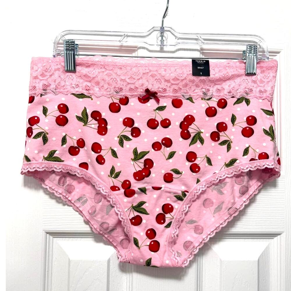 Torrid Plus Size 1 Sexy Pink Cherries & Polka Dot Lace Trim Mid Rise Brief Panty